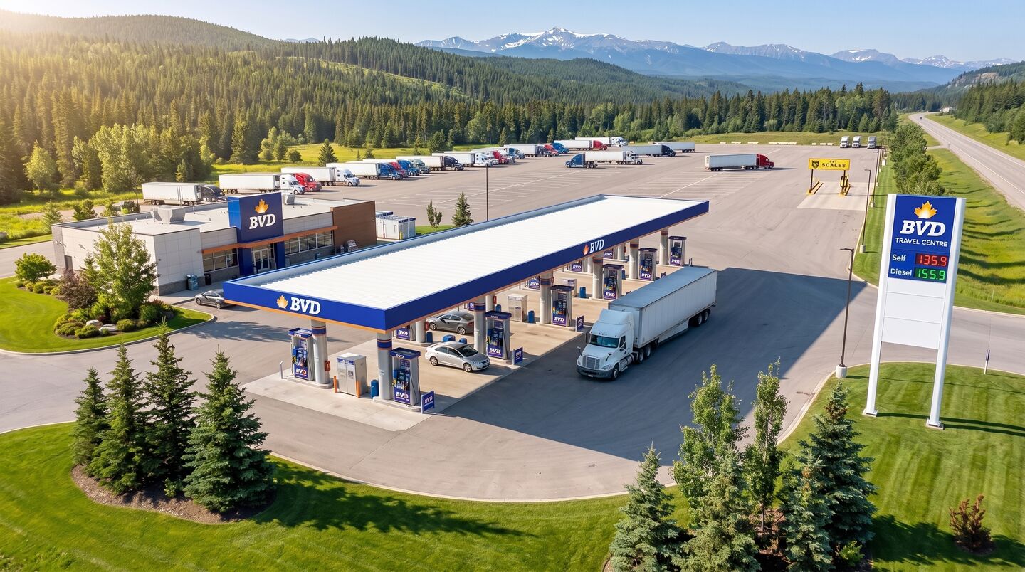 Aerial view of a BVD Travel Centre: fuel canopy, truck parking and the highway beyond.